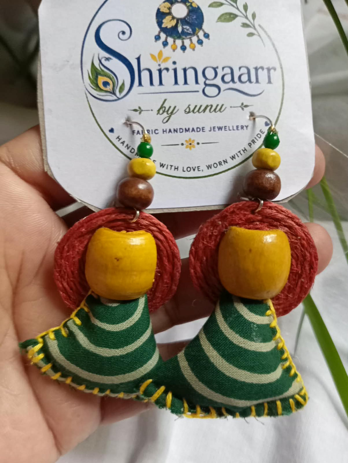 GREEN SAMOSA JUTE FABRIC EARRINGS