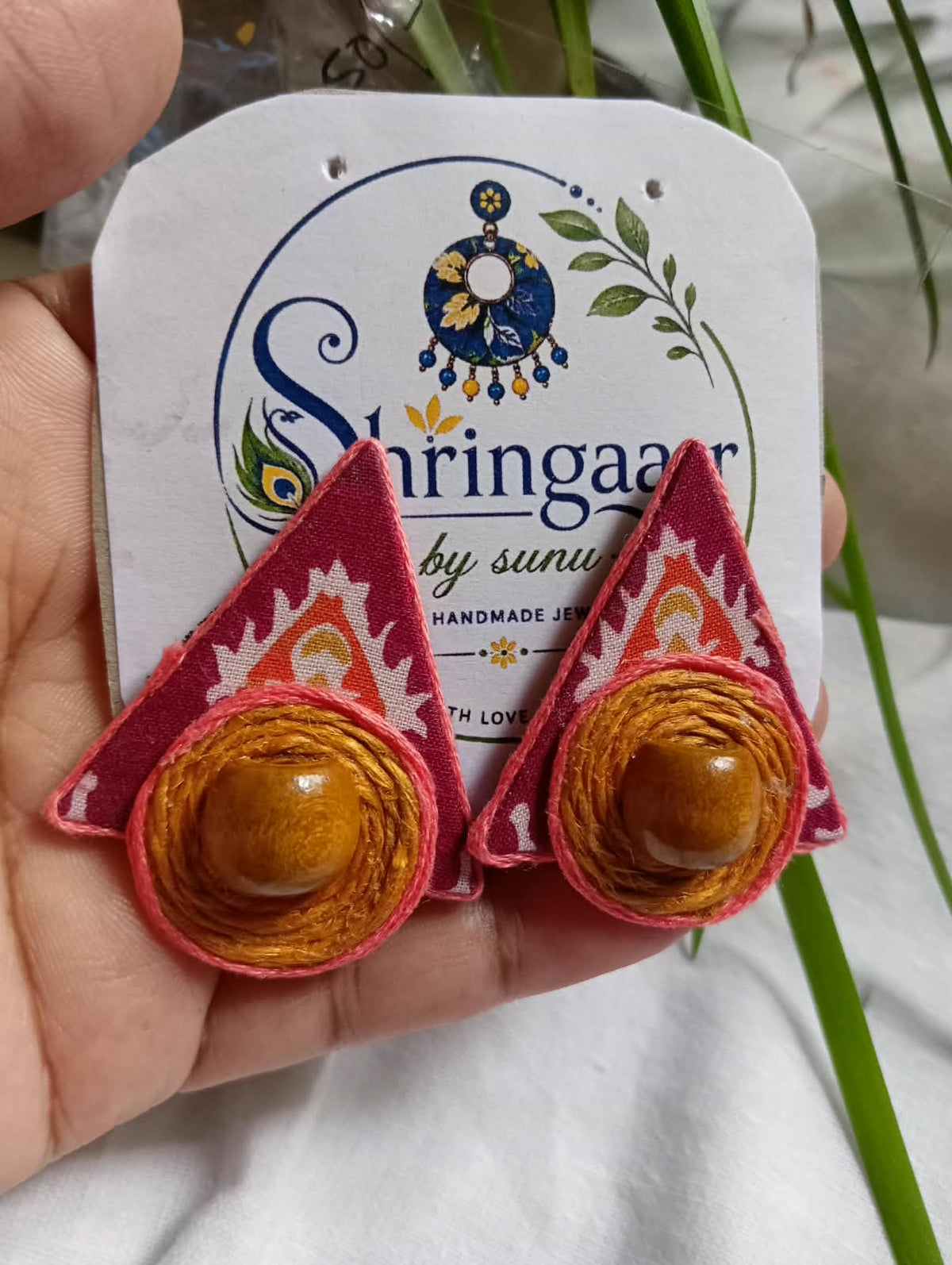 PINK JUTE FABRIC EARRING STUDS