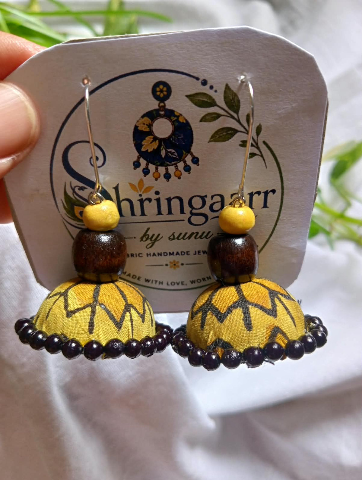 BLACK YELLOW PRINTED FABRIC JHUMKAS