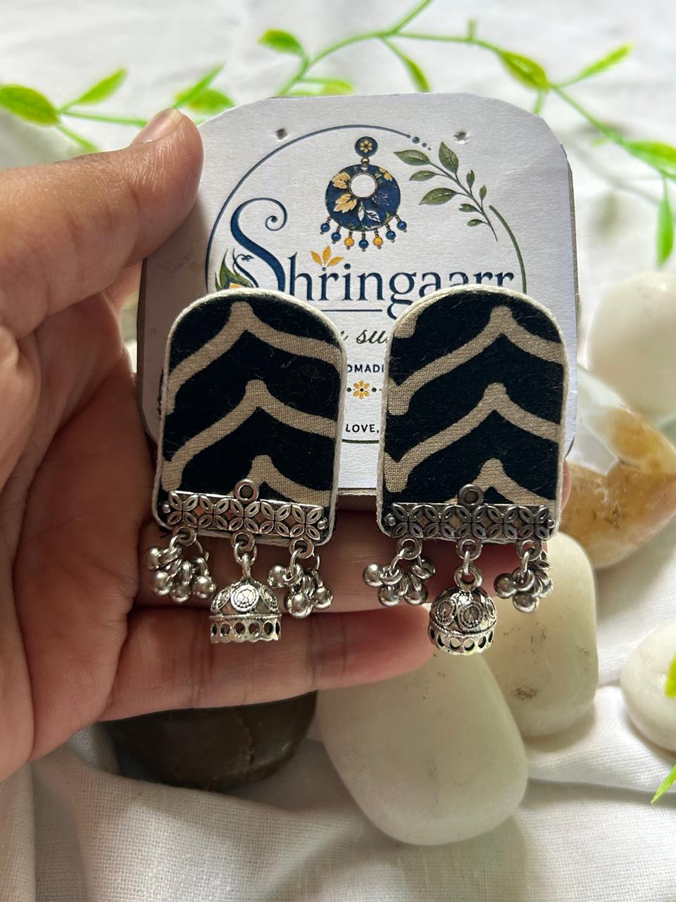 BLACK AND WHITE MINI JHUMKA FABRIC EARRINGS