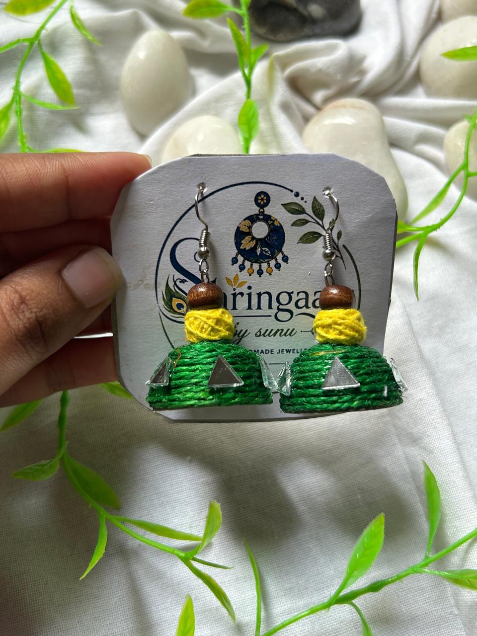 GREEN YELLOW JUTE MIRROR JHUMKAS