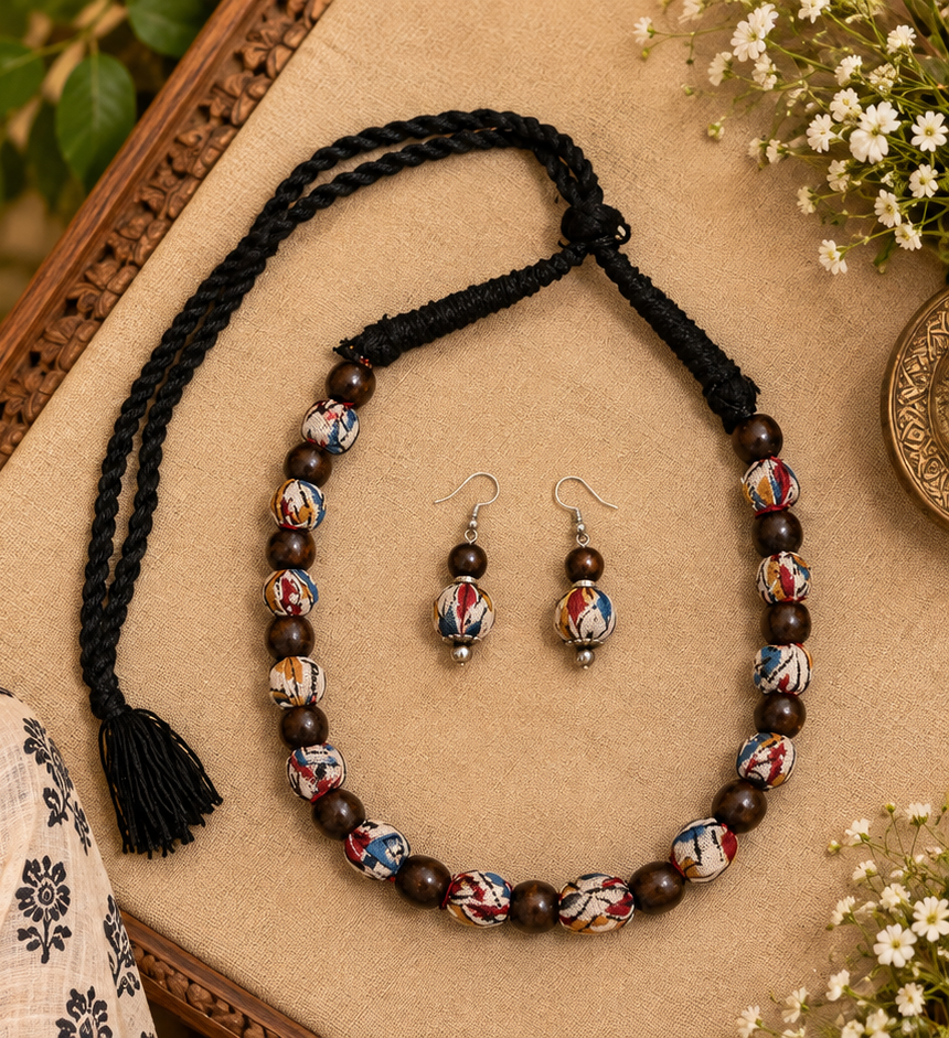 KALAMKARI WOODEN BEAD NECKLACE SET