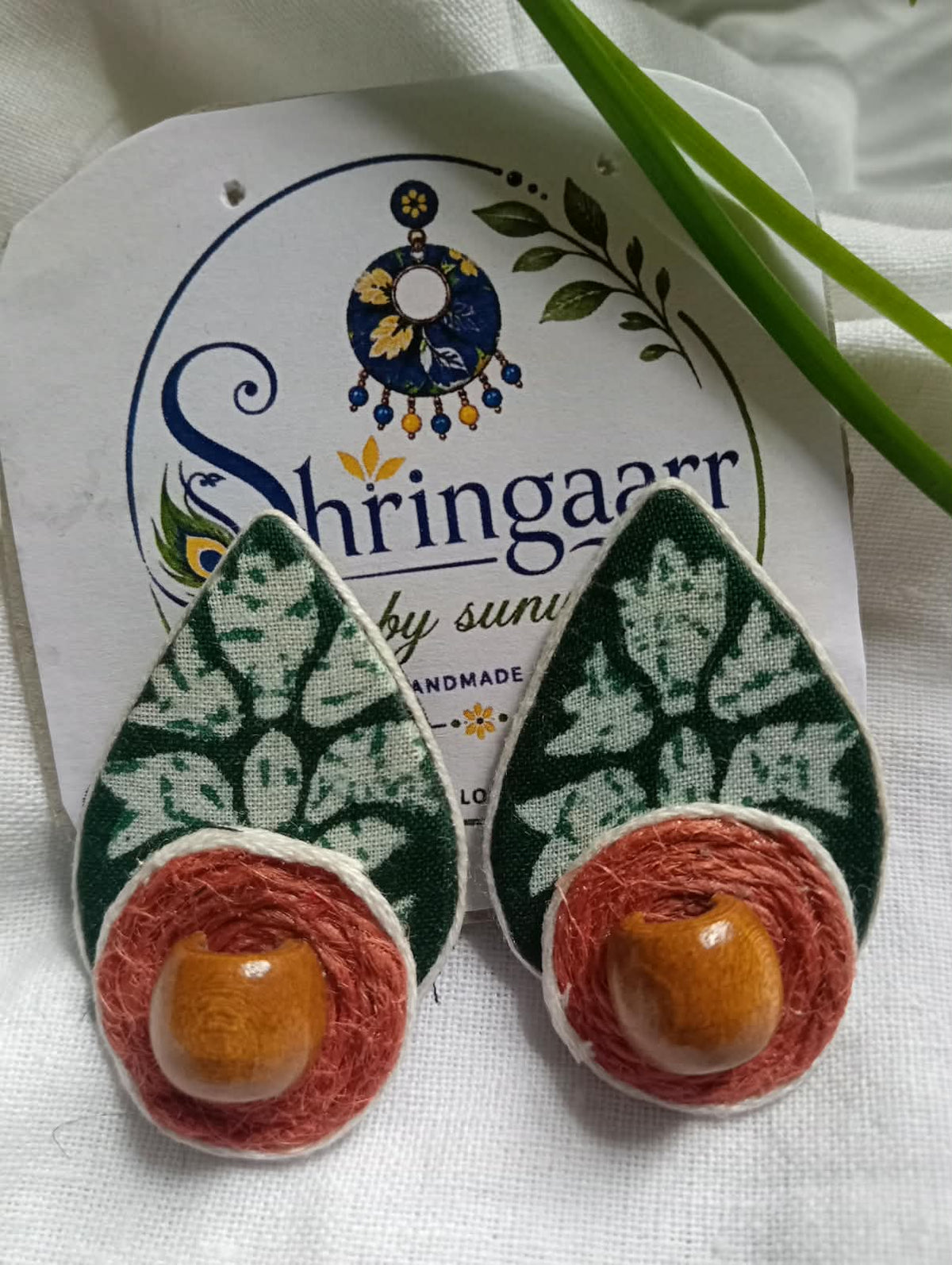 GREEN JUTE FABRIC EARRING STUDS