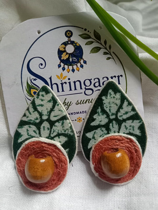 GREEN JUTE FABRIC EARRING STUDS