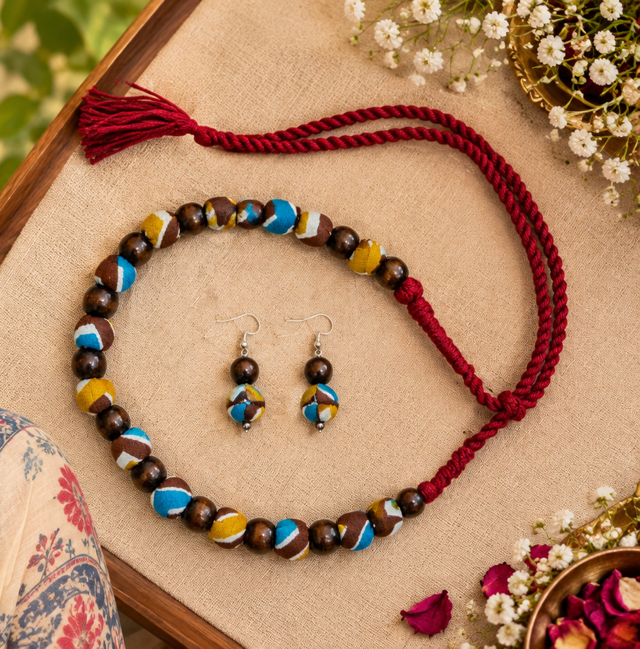 MUSTARD YELLOW & BLUE WOODEN BEAD NECKLACE SET