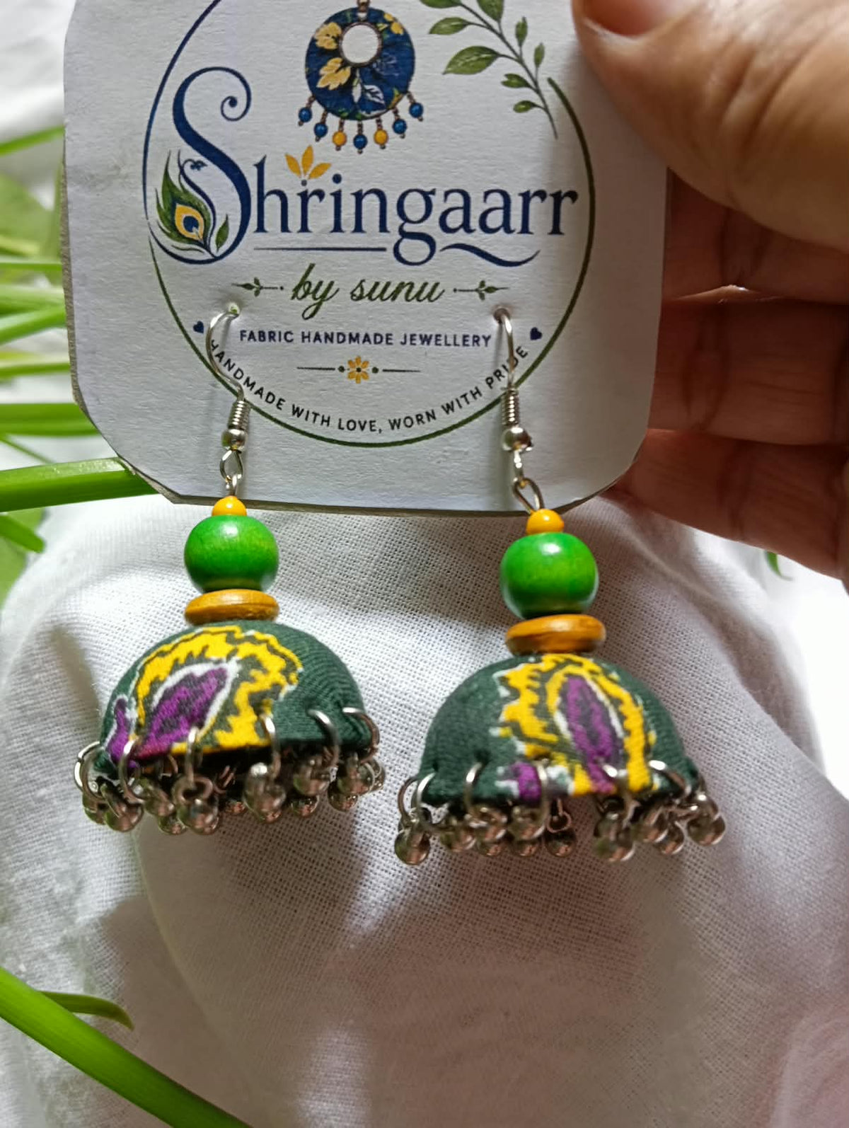 GREEN YELLOW PRINTED FABRIC JHUMKAS