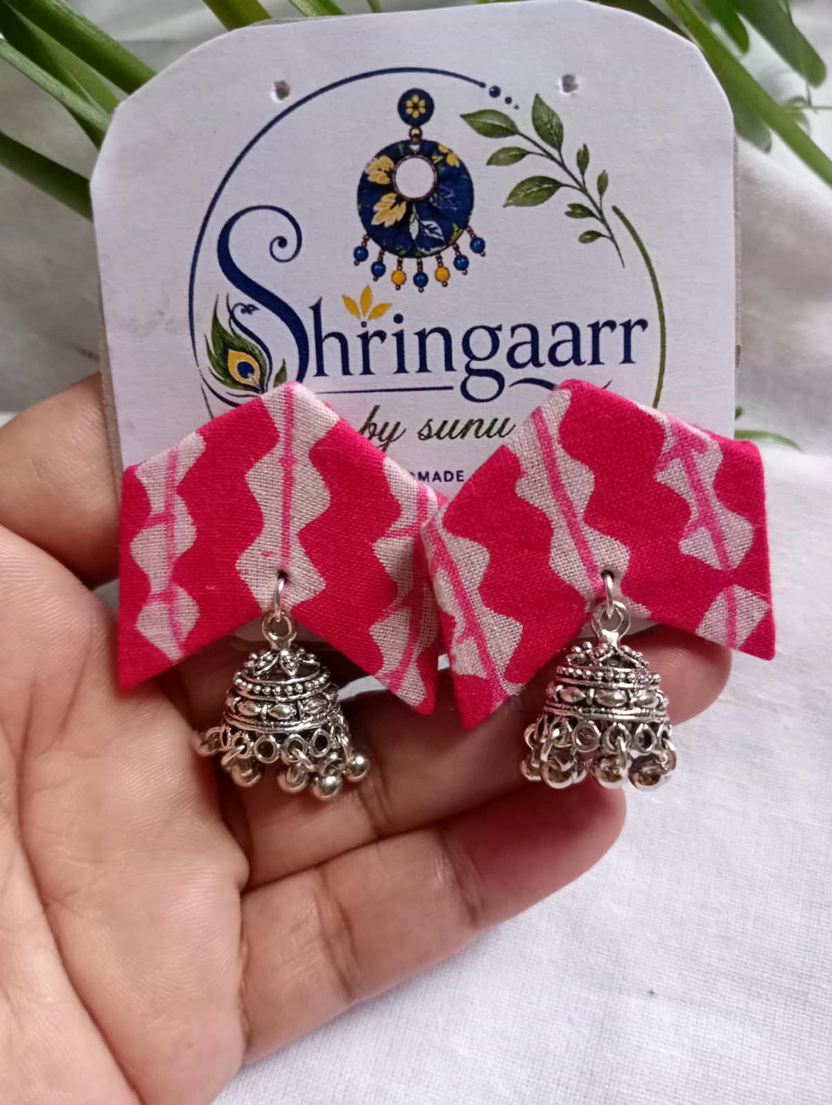 PINK ARROW PRINTED MINI JHUMKA FABRIC EARRINGS