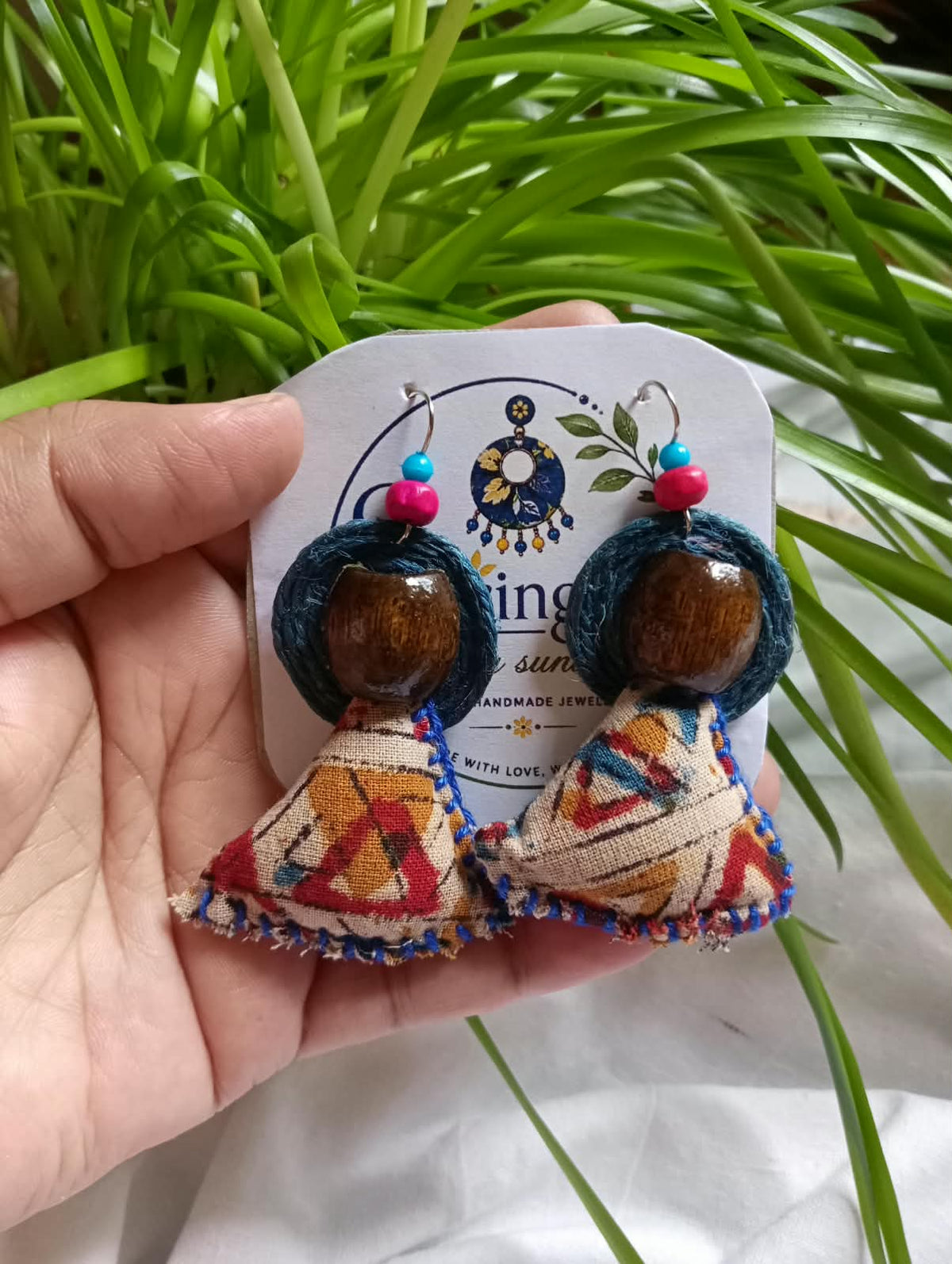 KALAMKARI SAMOSA JUTE FABRIC EARRINGS