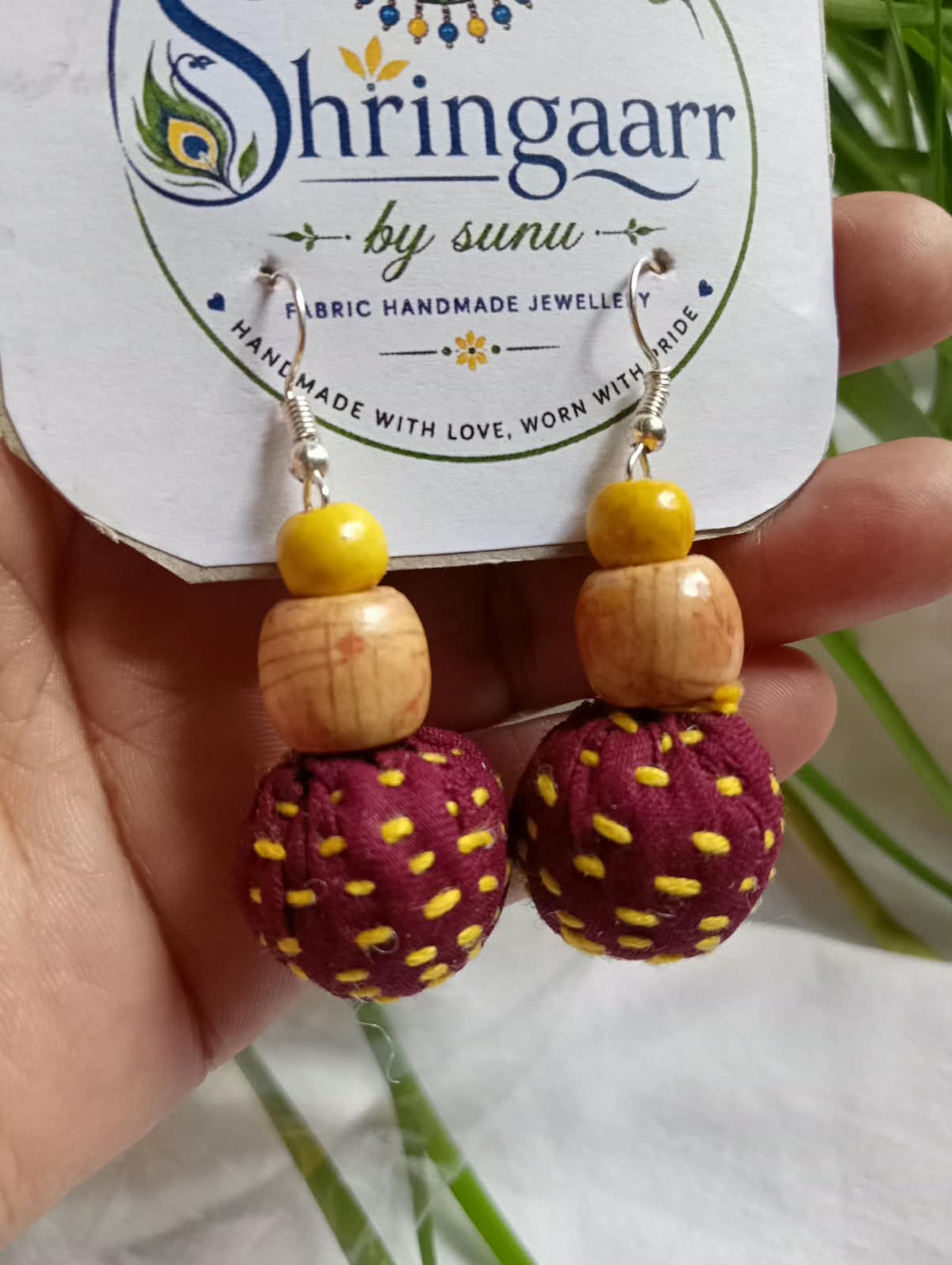 BROWN CREAM FABRIC POTLI EARRINGS