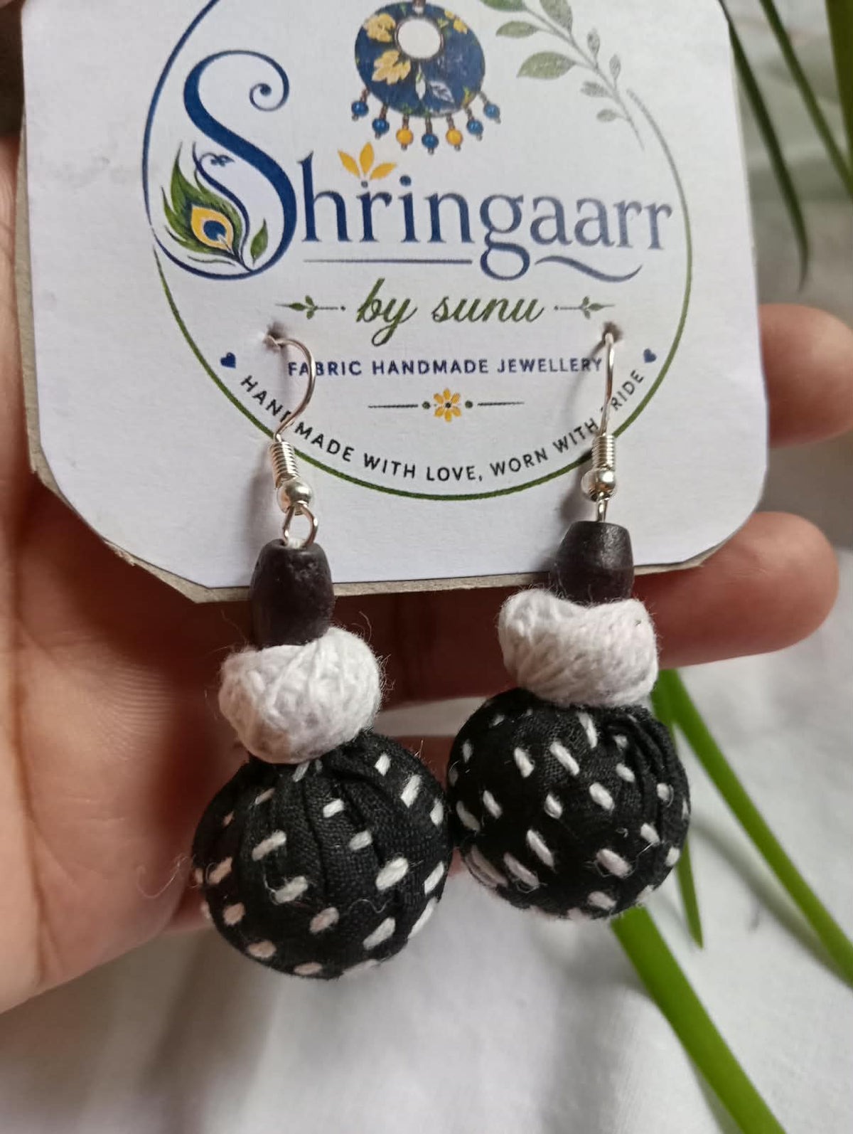 BLACK WHITE FABRIC POTLI EARRINGS