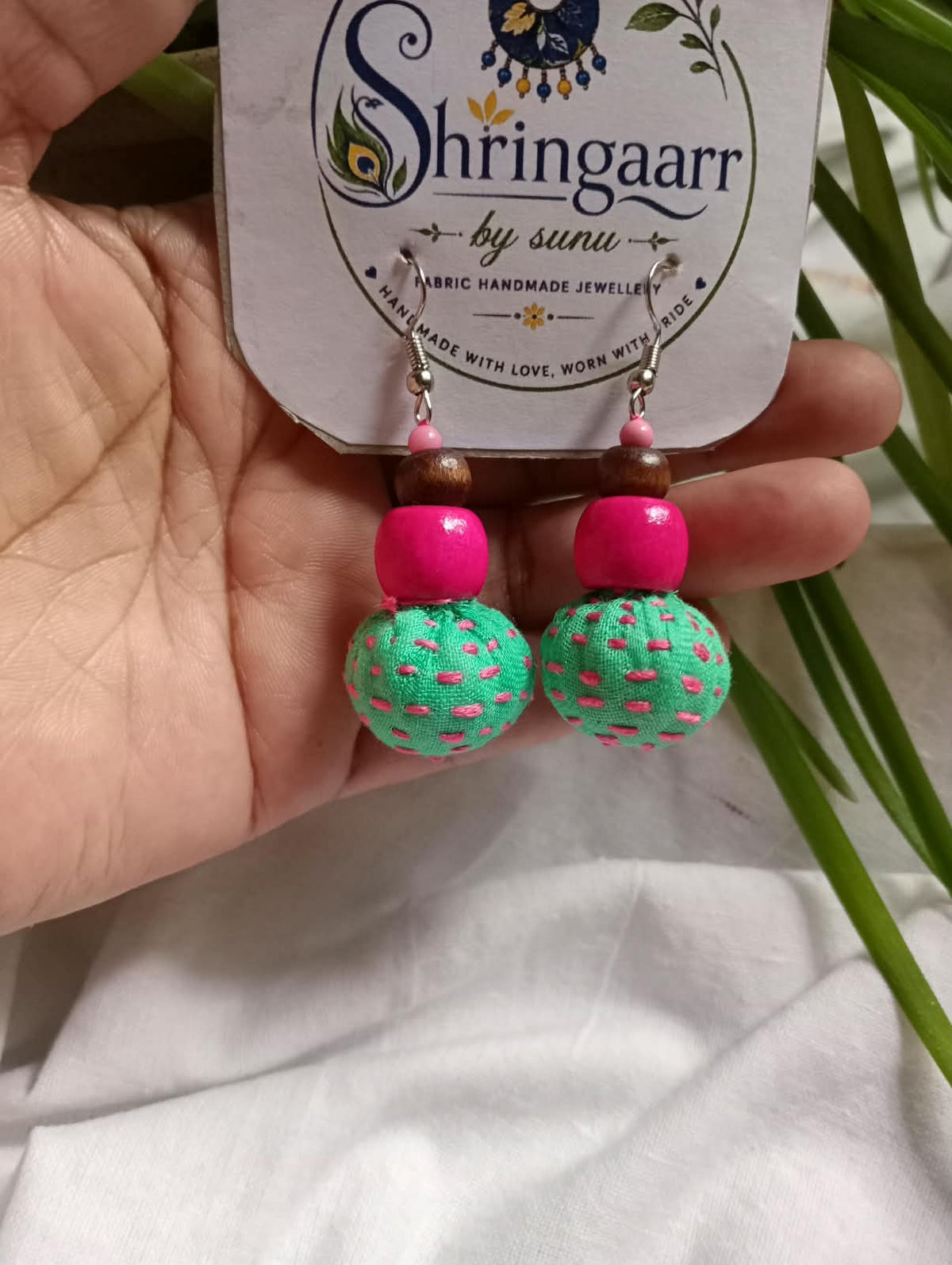 TEAL GREEN PINK FABRIC POTLI EARRINGS
