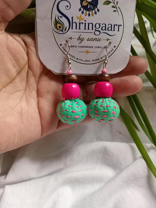 TEAL GREEN PINK FABRIC POTLI EARRINGS