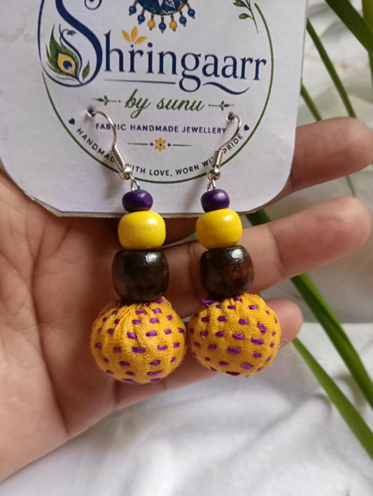 YELLOW BROWN FABRIC POTLI EARRINGS