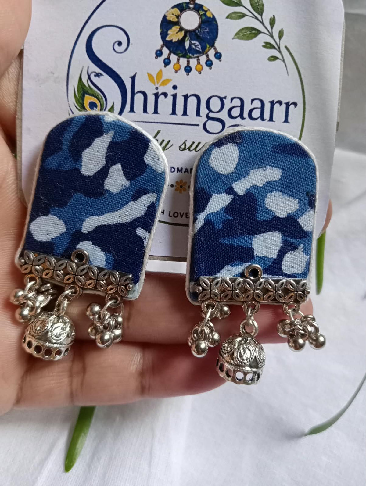 INDIGO PRINTED MINI JHUMKA FABRIC EARRINGS
