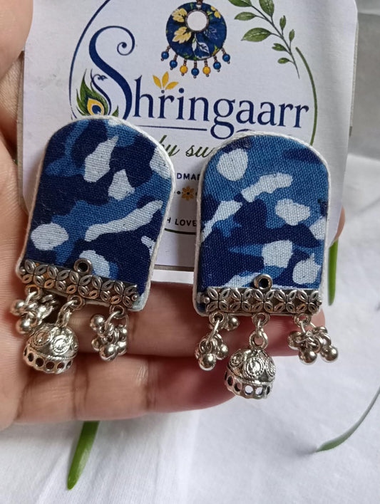 INDIGO PRINTED MINI JHUMKA FABRIC EARRINGS