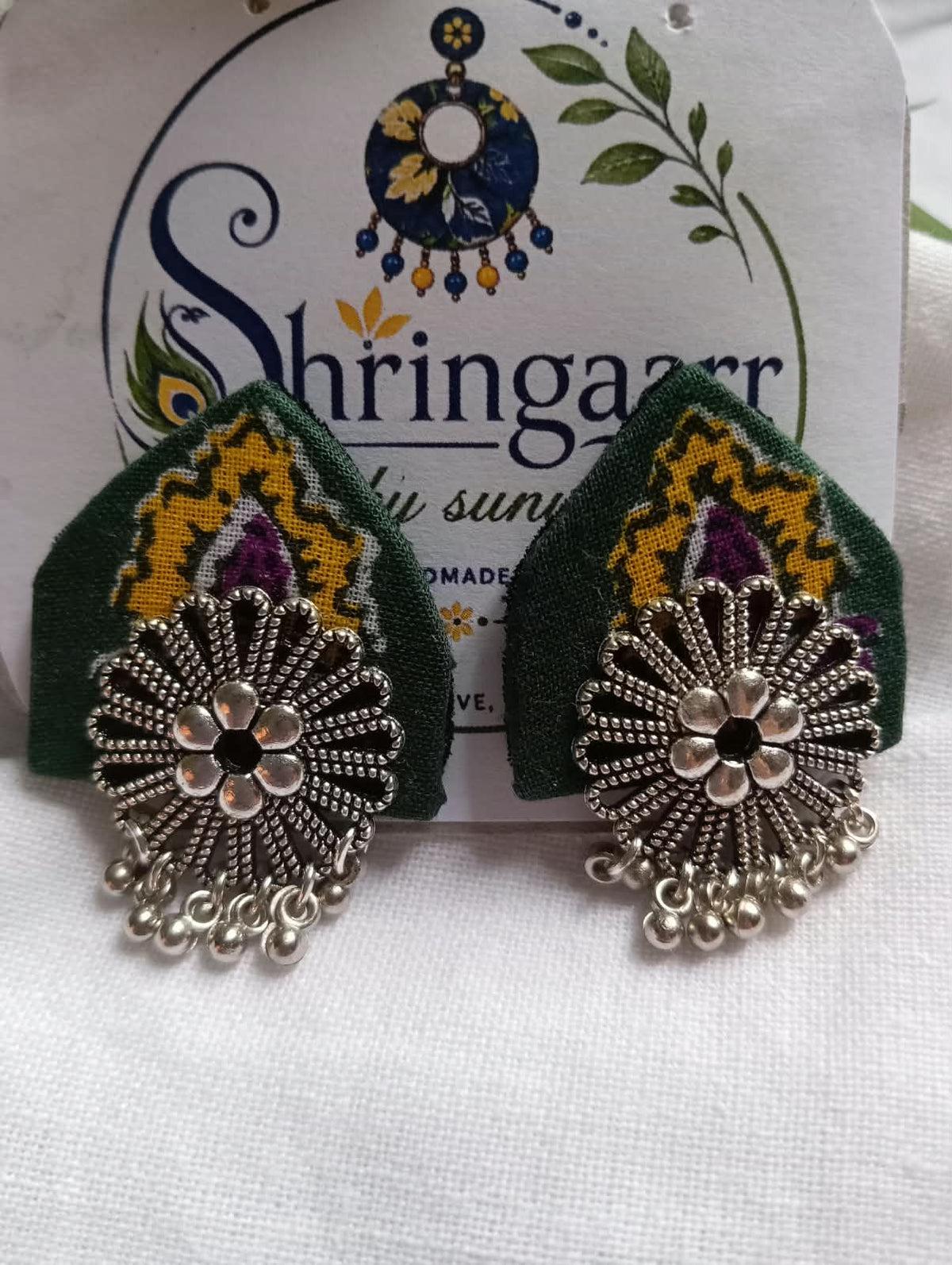 GREEN YELLOW PRINTED FABRIC HOUSE STUD EARRINGS