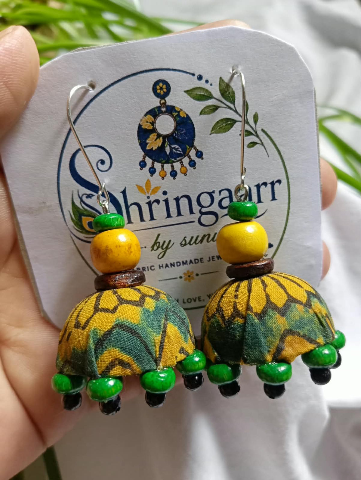GREEN YELLOW FABRIC JHUMKA
