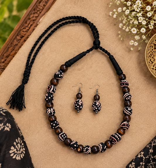 BROWN PRINTED WOODEN BEAD NECKLACE SET