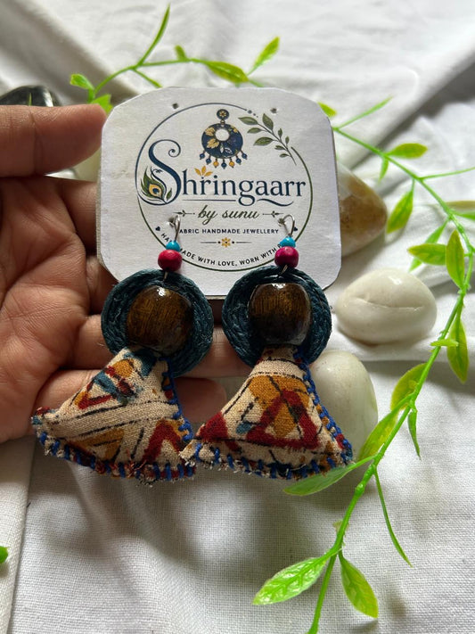 KALAMKARI BLUE JUTE SAMOSA FABRIC EARRINGS