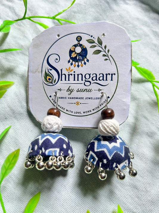 INDIGO & WHITE FABRIC JHUMKA WITH SILVER GHUNGROOS