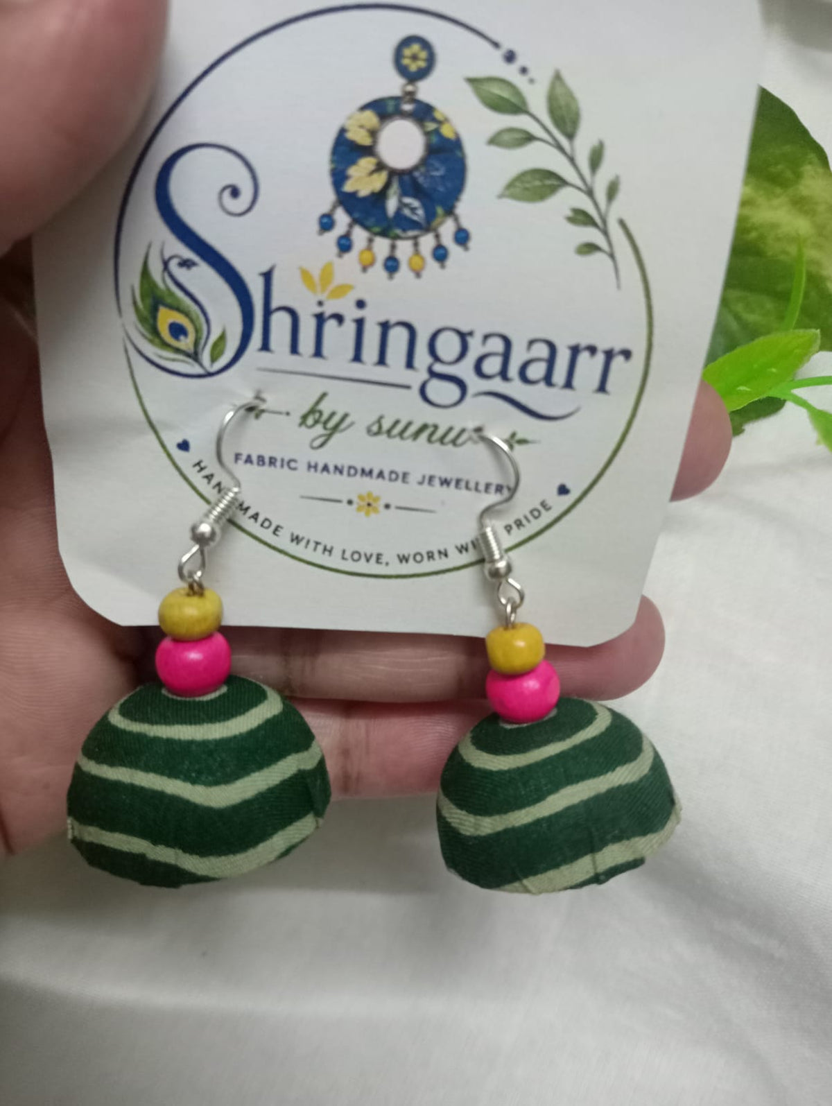 GREEN LEHERIYA PRINT FABRIC JHUMKAS