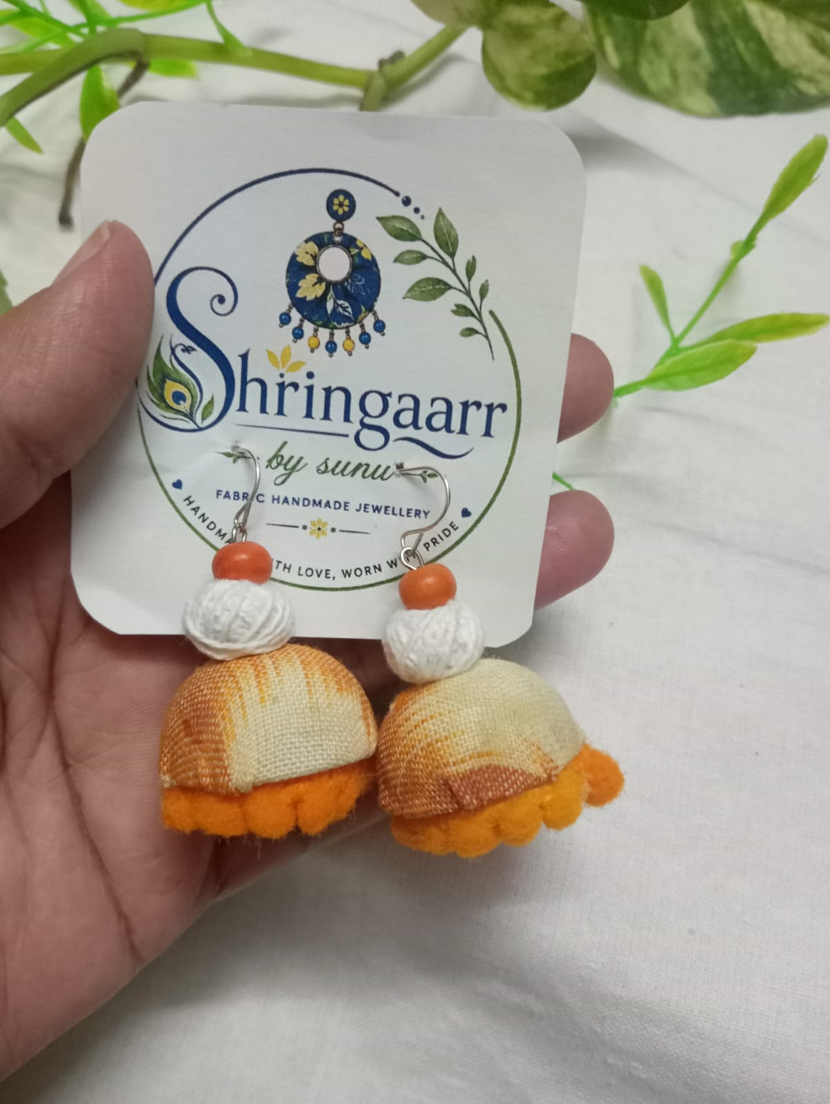 ORANGE WHITE FABRIC JHUMKAS