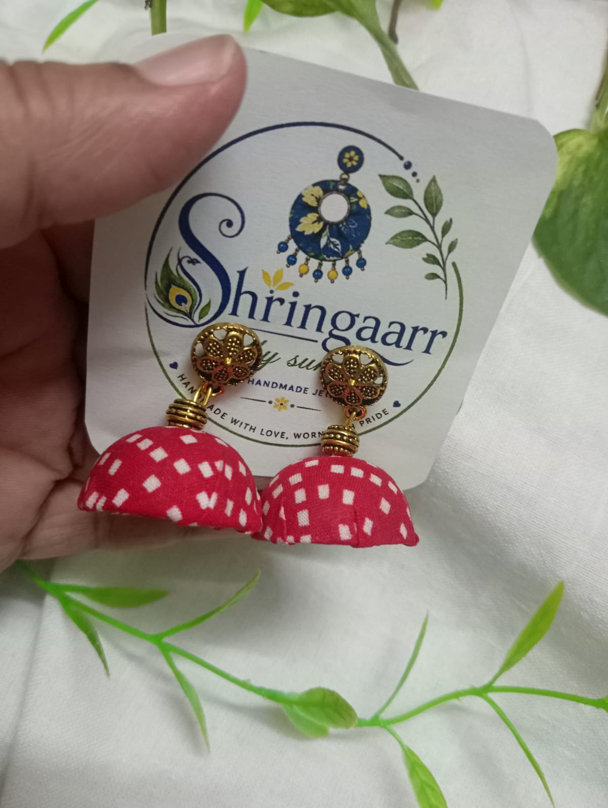 RED WHITE POLKA DOT FABRIC JHUMKAS