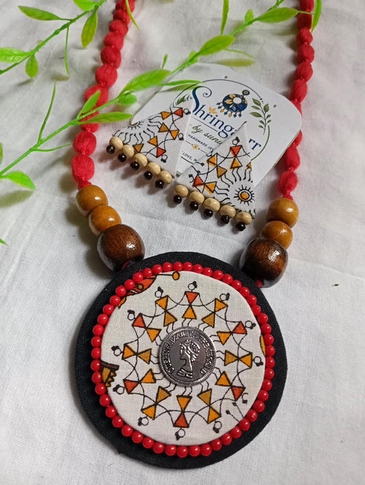 ORANGE WARLI PRINT CHANDRIKA FABRIC NECKLACE SET
